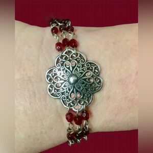 Brighton Silver and Red Beaded Medallion Bracelet. NWOT